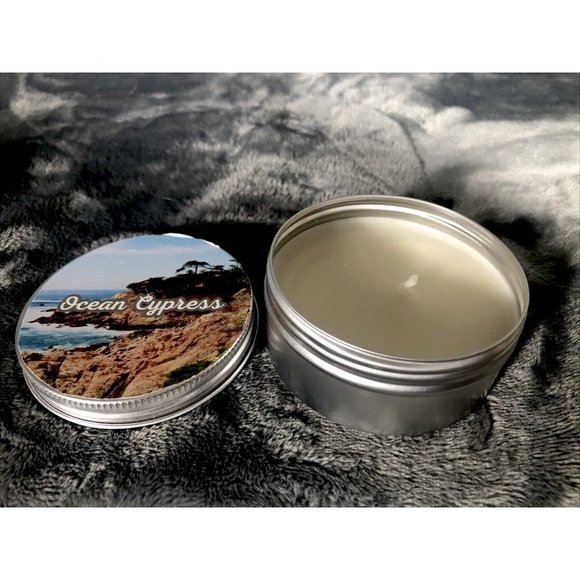 Hand Poured Coconut Soy Candle Ocean Cypress Scent 4 Ounce Tin - Picture 3 of 4
